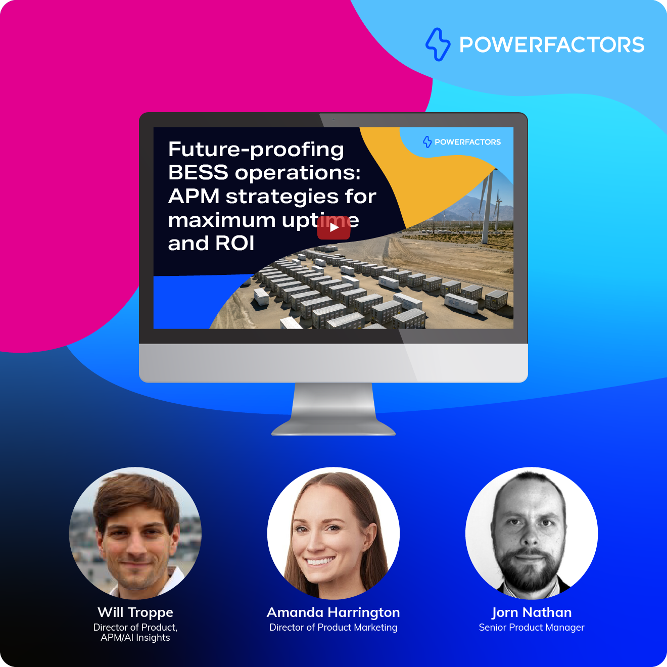 image d'un ordinateur de bureau avec, en dessous, trois portraits de personnes tenant des haut-parleurs sur un fond coloré