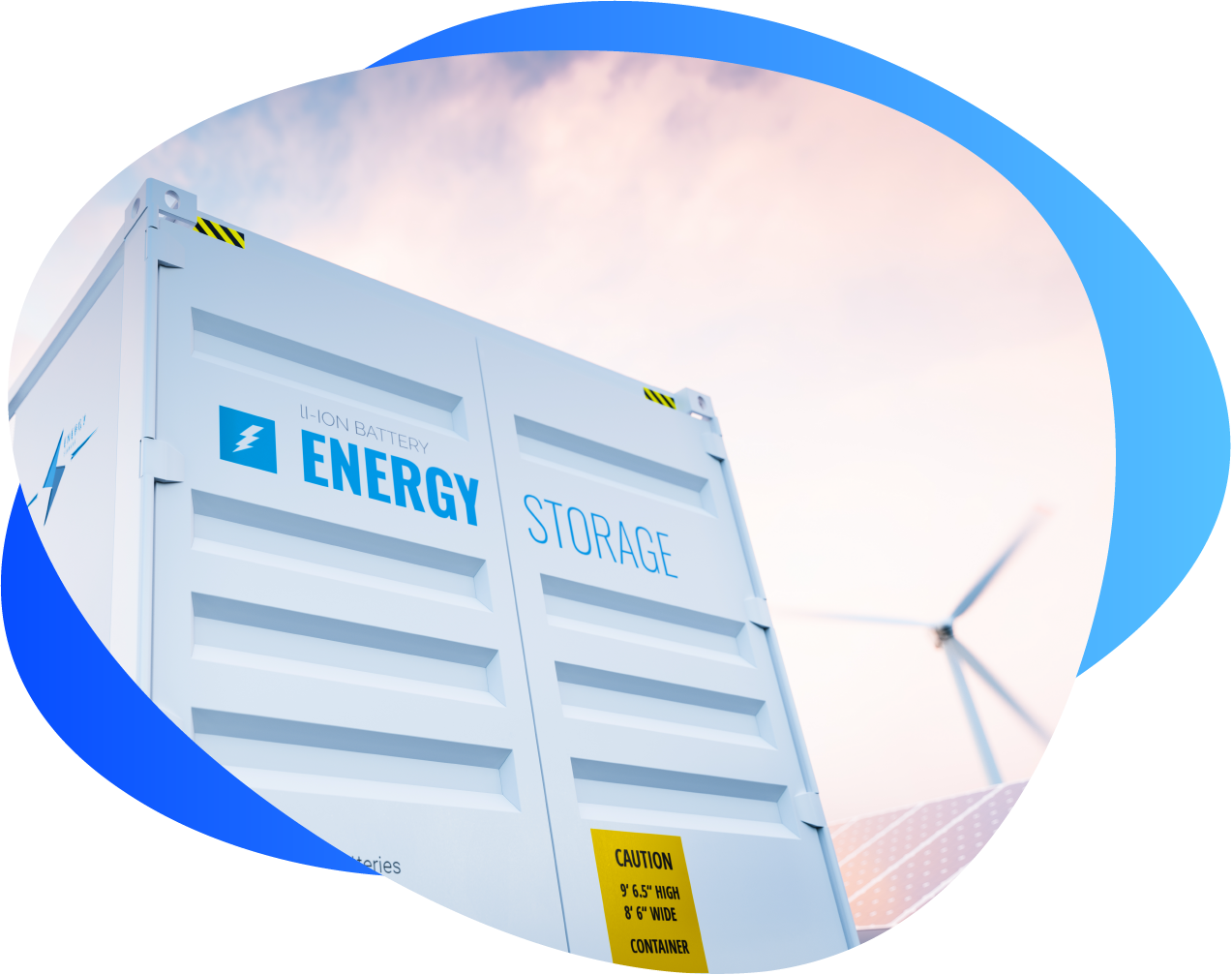 white battery storage unit with wind turbine and blue bubble in background